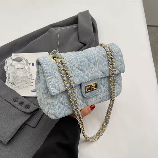 LÉMORIA – Blue Bouclé Shoulder Bag with Gold Chain