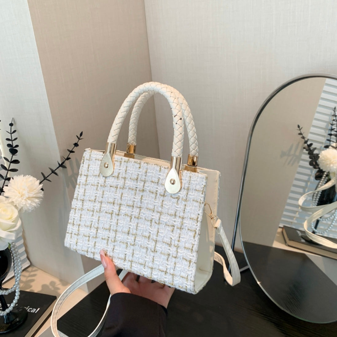 LÉMORIA – Tweed Handbag with Gold Handles